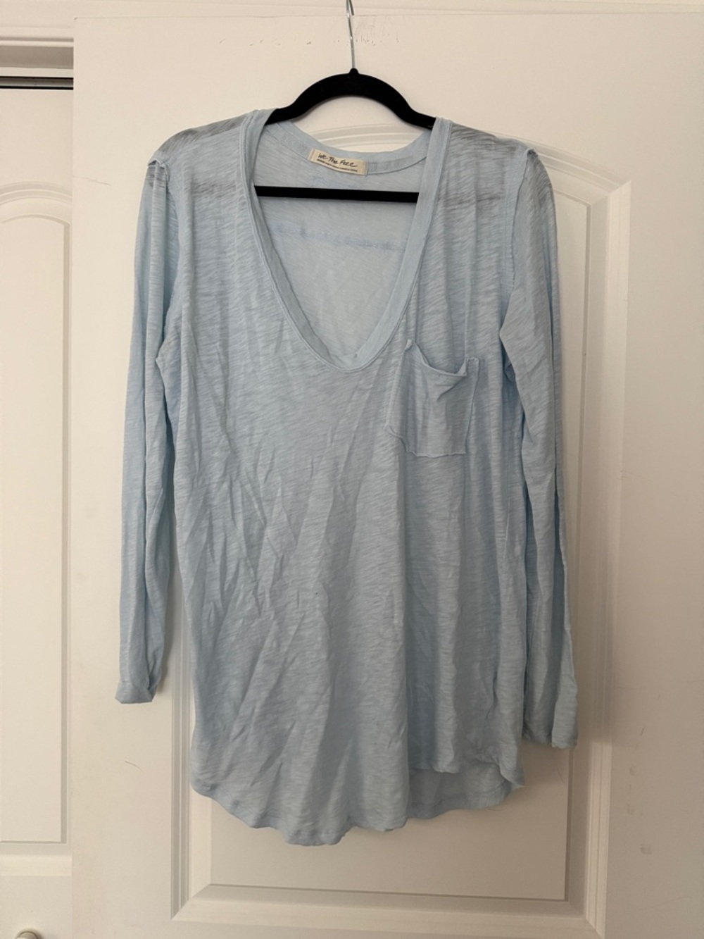 We The Free Light Blue V-Neck Long Sleeve Pocket Tee